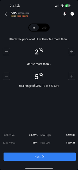 The options wizard forecast criteria on the iPhone. 